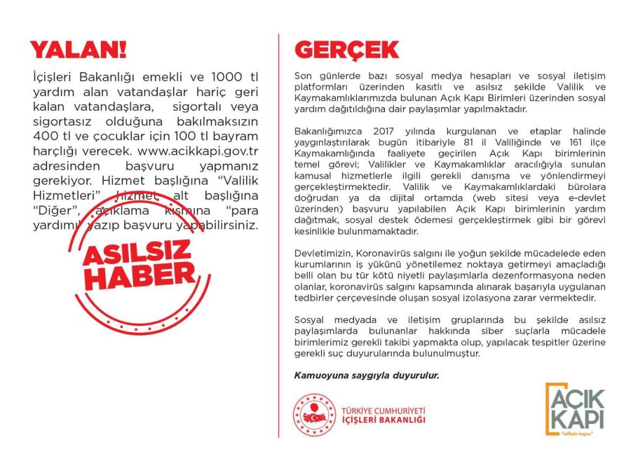Açık Kapı Yardım Dağıtımı ve Destek Ödemesi Yapmıyor