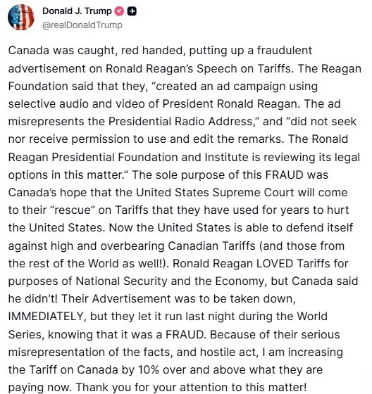 ABD BAŞKANI TRUMP’TAN KANADA’YA ALDATICI REKLAM MİSİLLEMESİ: 