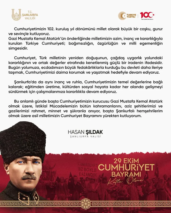 Vali Hasan Şıldak’ın 29 Ekim Cumhuriyet Bayramı Kutlama Mesajı