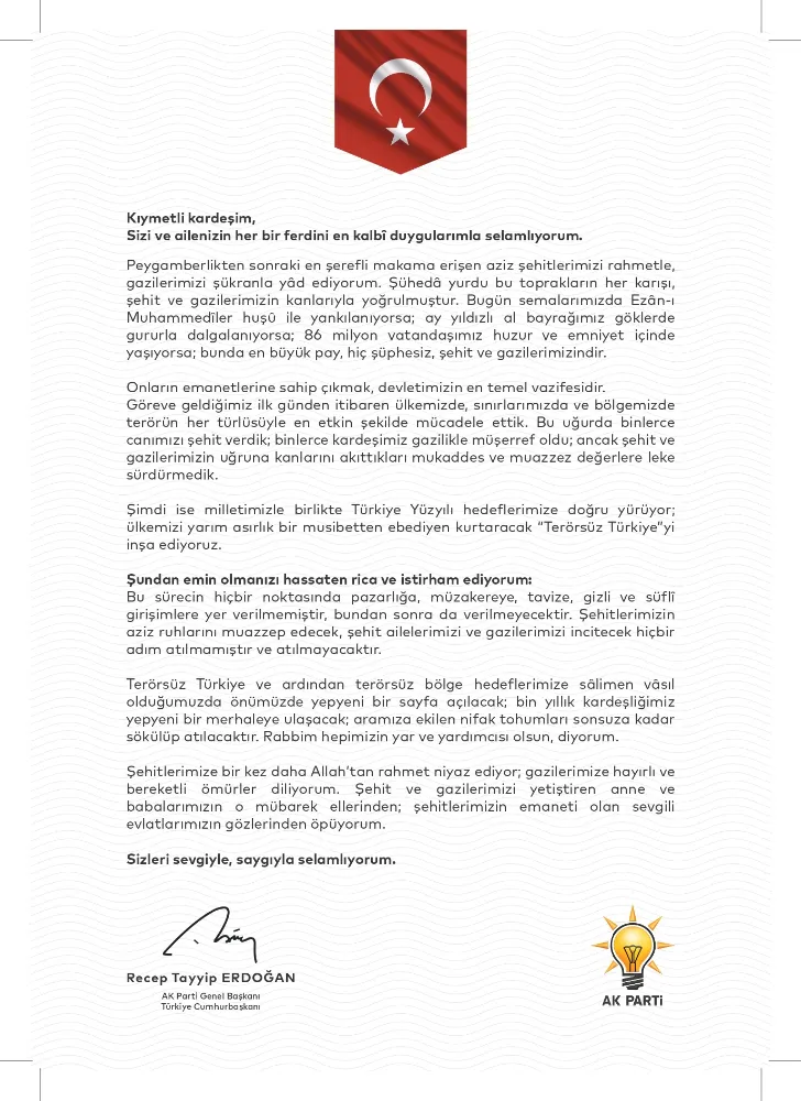 CUMHURBAŞKANI ERDOĞAN’DAN ŞEHİT VE GAZİ AİLELERİNE MEKTUP