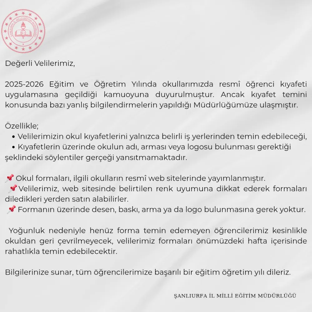 Şanlıurfa İl Milli Eğitim Müdürlüğü’nden Okul Kıyafeti Açıklaması
